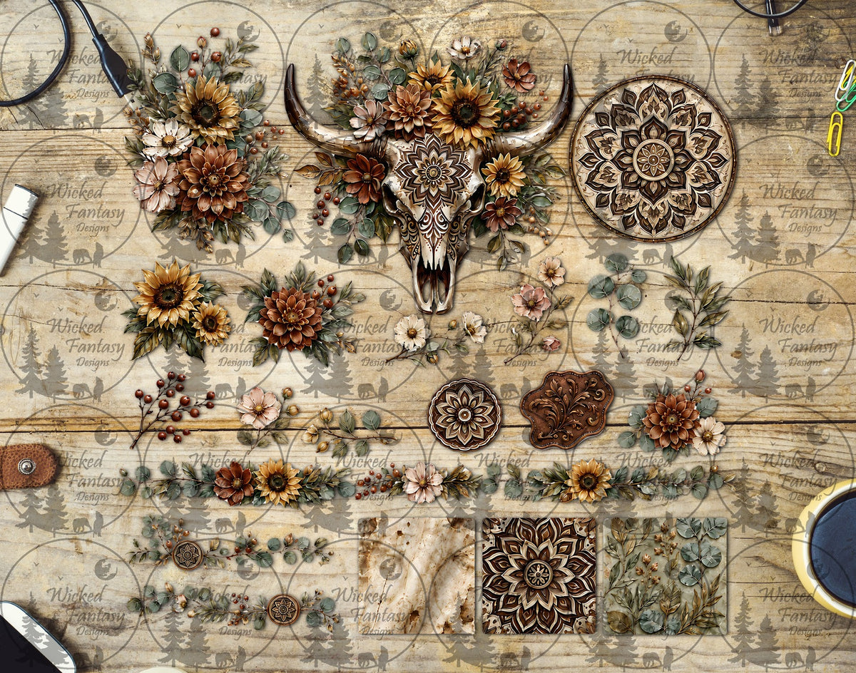 UVDTF Sunflower Mandala Cow Skull Element Sheet