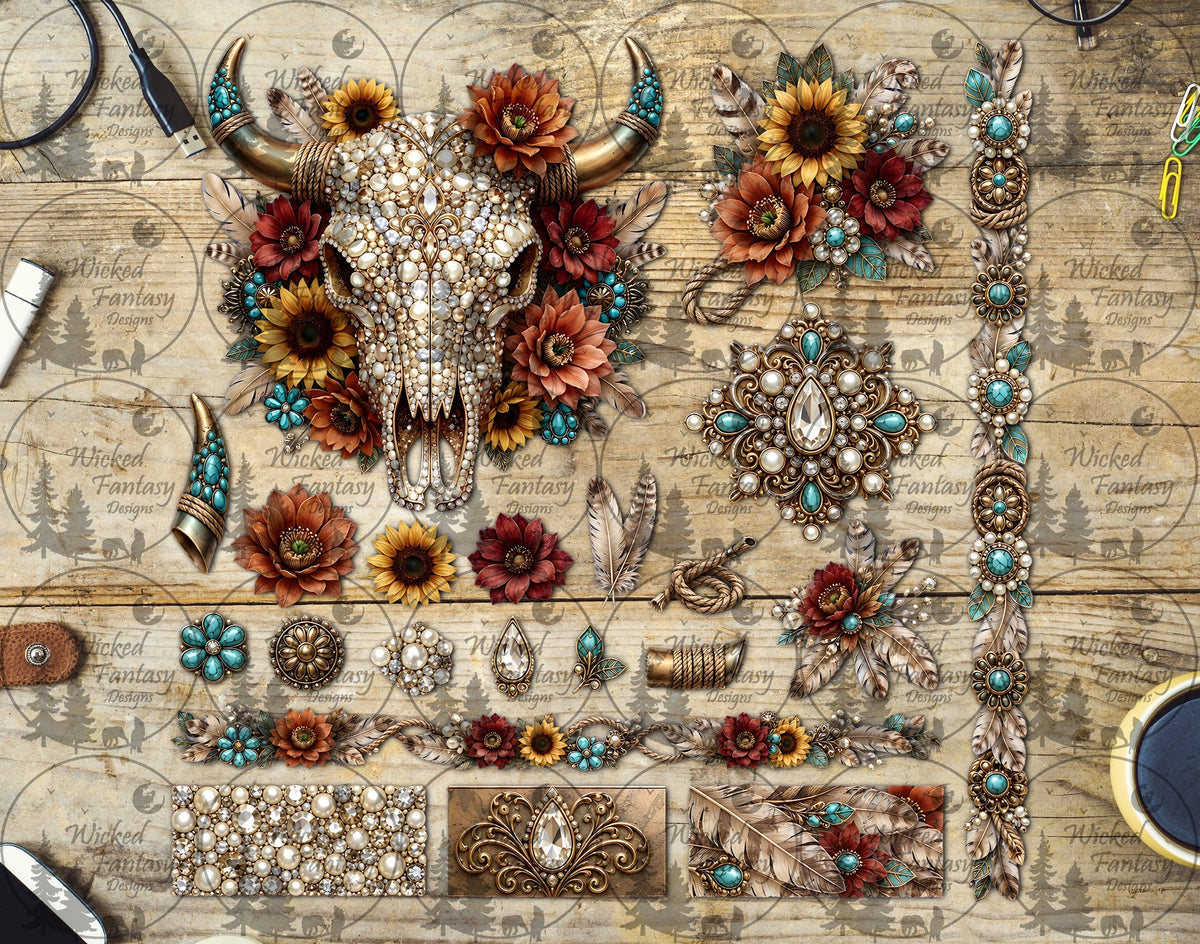UVDTF Rhinestone Sunflower Cow Skull Element Sheet