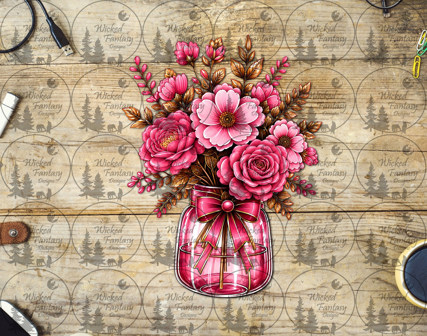 UVDTF Pink Floral Arrangement with Vase