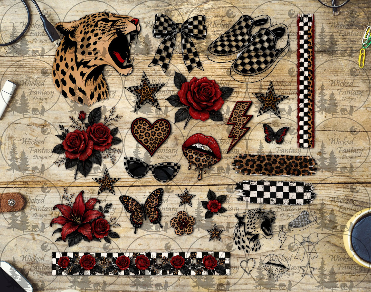 UVDTF Checkered Leopard and Red Roses Element Sheet