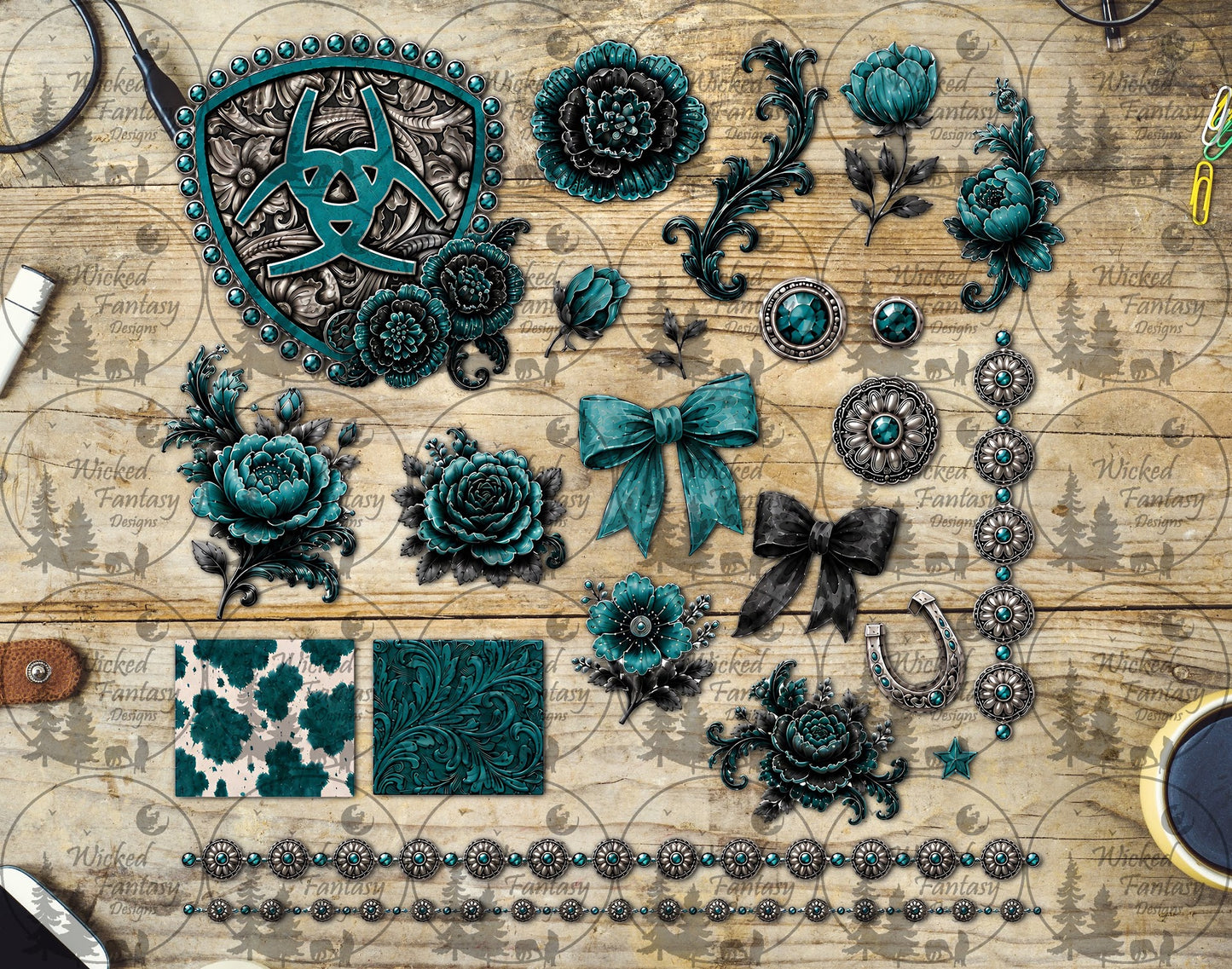 UVDTF Western Teal Floral and Conchos Multimedia Element Sheet