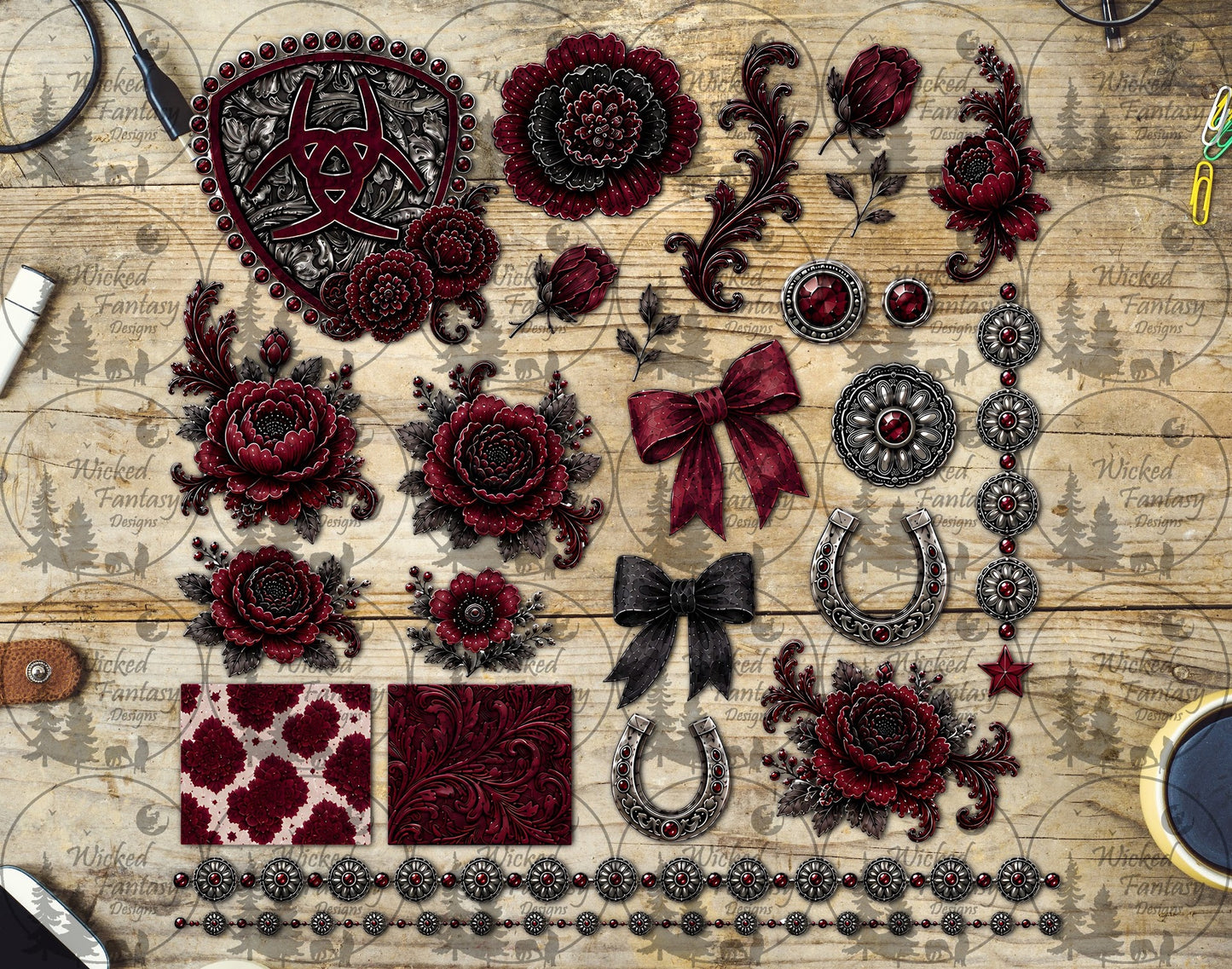 UVDTF Western Burgundy Floral Multimedia Element Sheet