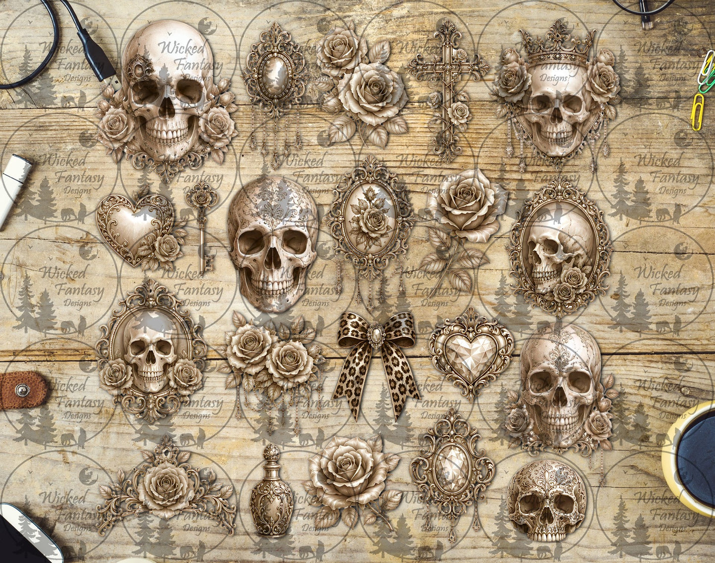 UVDTF Ivory Gothic Skulls and Roses Element Sheet
