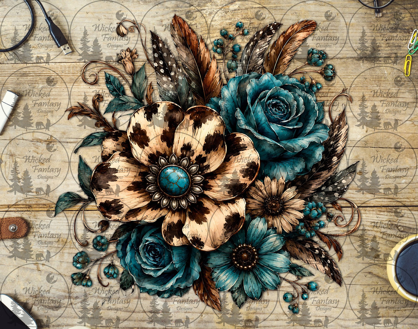 UVDTF Rustic Tan and Turquoise Cow Print Concho Floral Arrangement