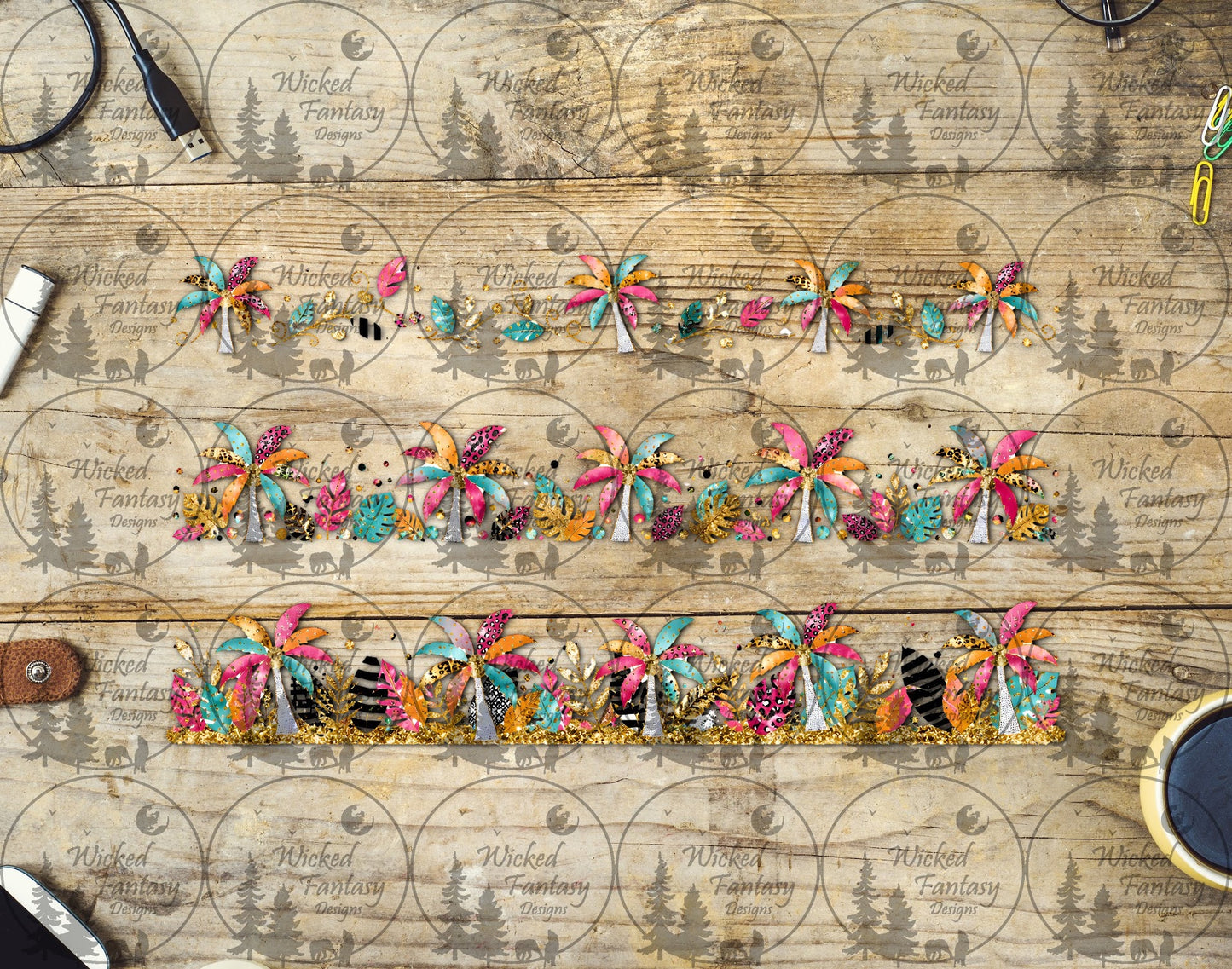 UVDTF Patchwork Palm Trees Border Element