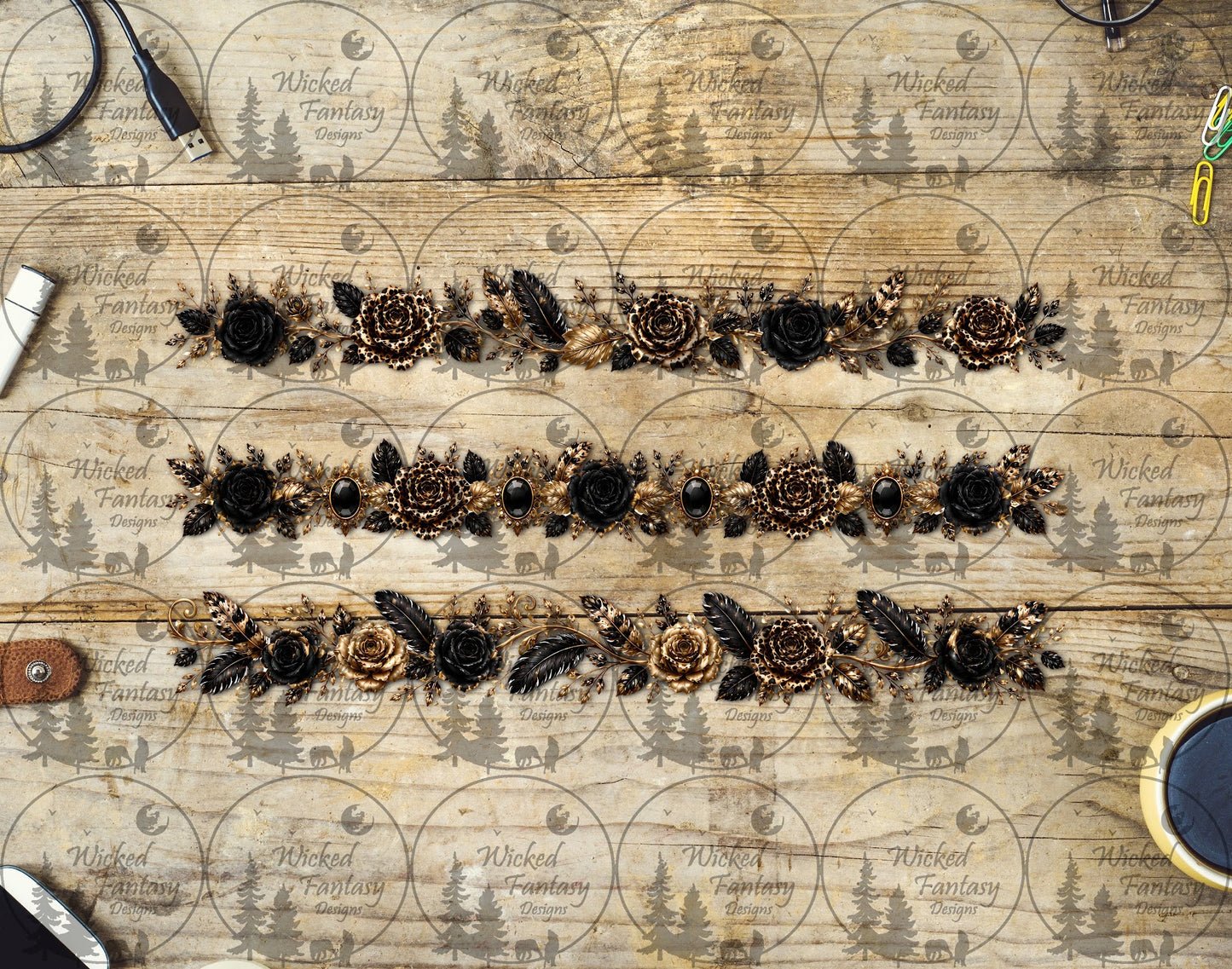 UVDTF Black and Gold Leopard Floral Border Element