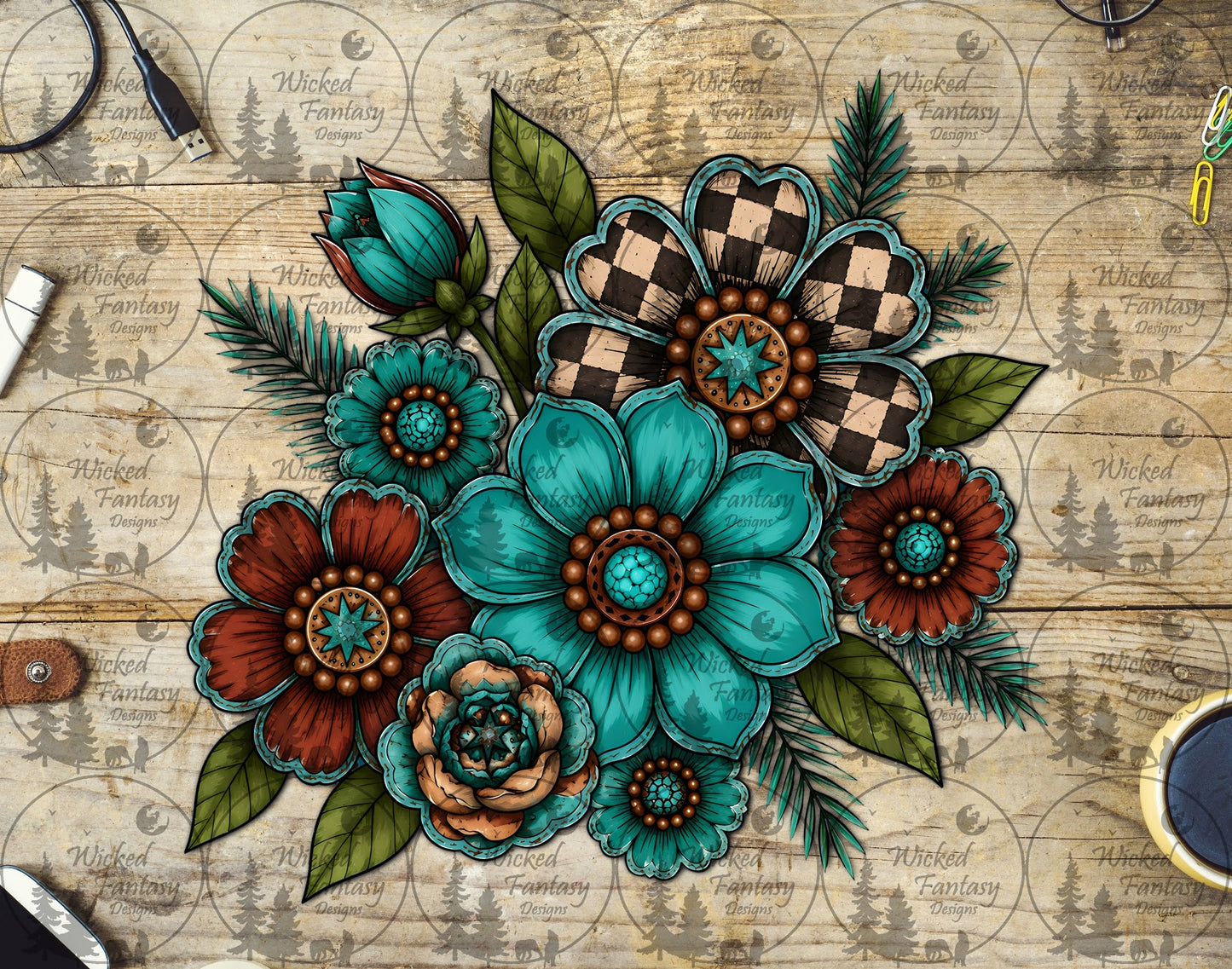 UVDTF Checkered Rust and Teal Floral Arrangement