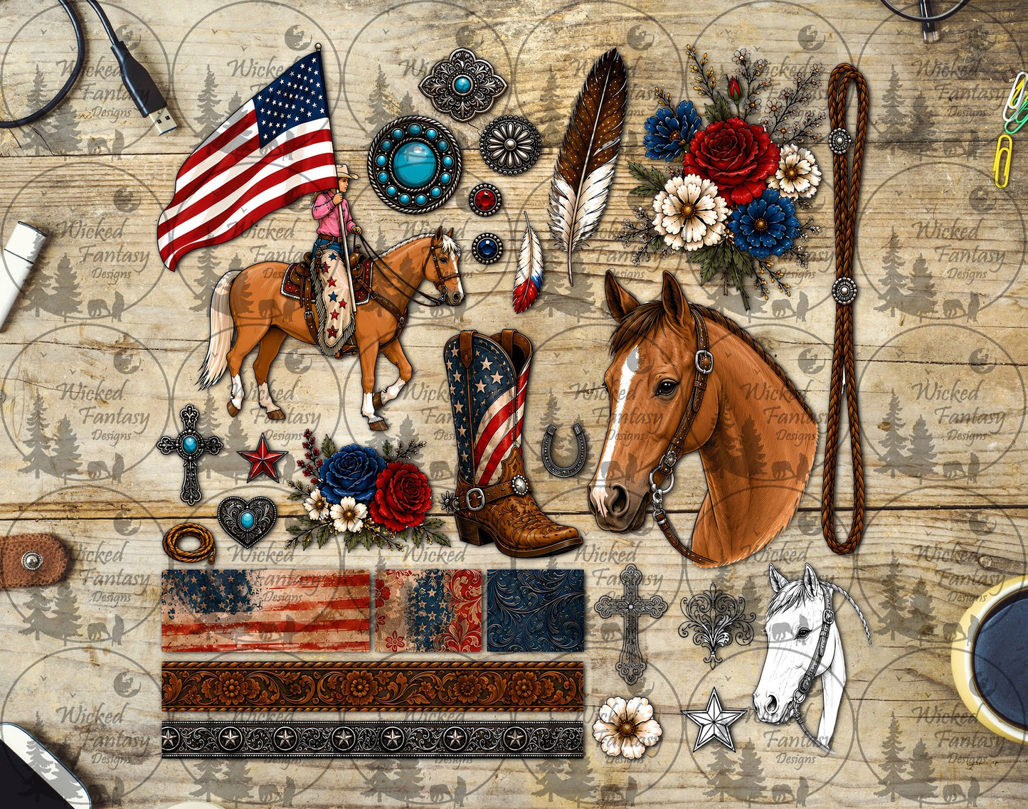 UVDTF Rodeo American Flag Cowgirl Multimedia Element Sheet