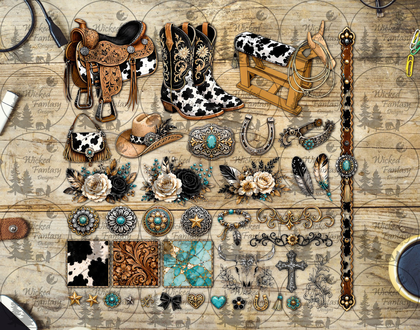 UVDTF Cow Print Western Saddle Leather Multimedia Element Sheet