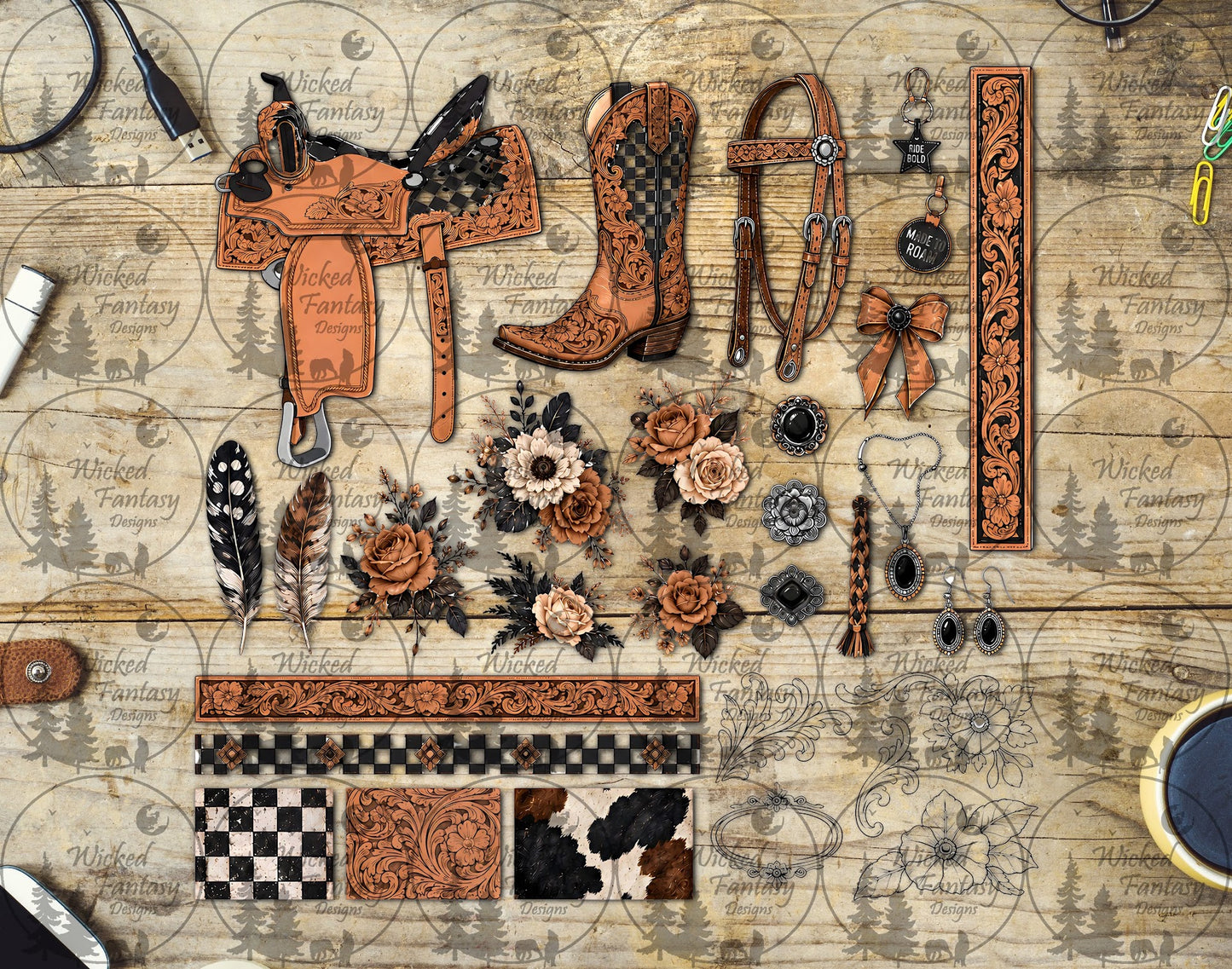 UVDTF Checkered Western Saddle Leather Multimedia Element Sheet