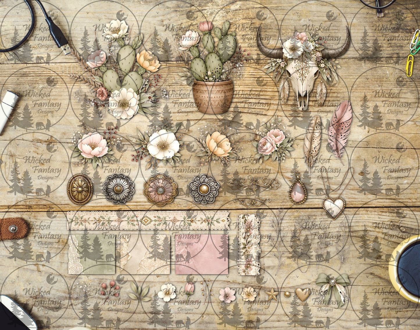 UVDTF Ivory and Sage Cactus Floral Cow Skull Multimedia Element Sheet