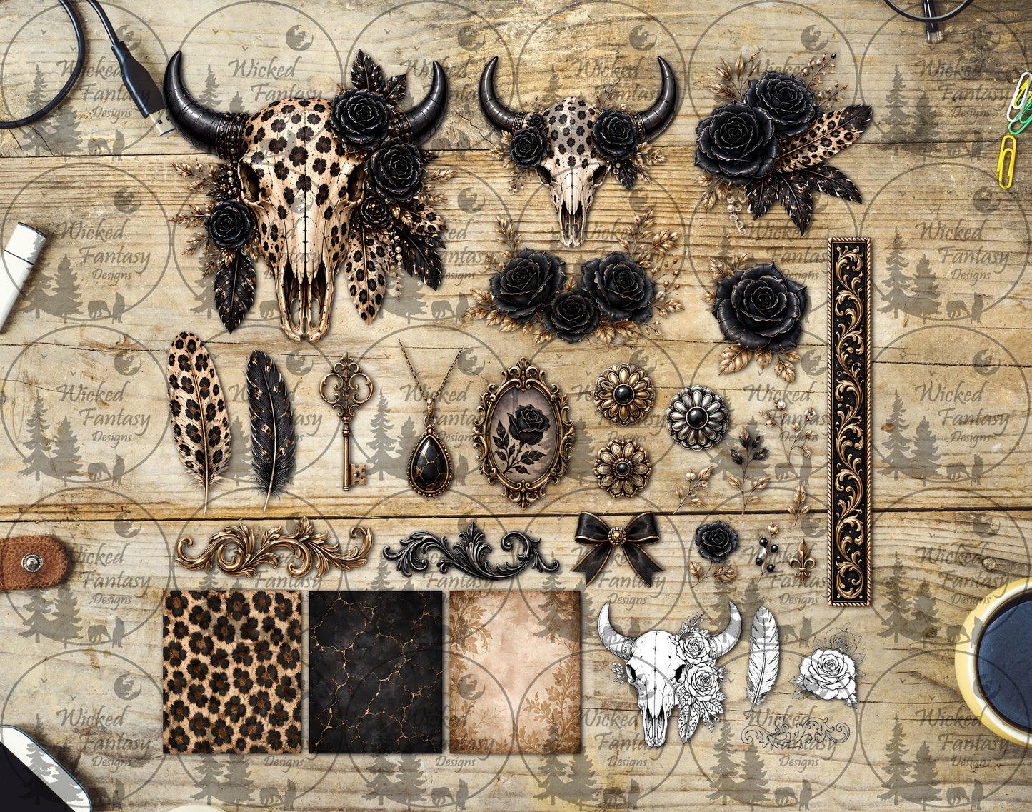 UVDTF Golden Leopard Elegance Cow Skull Multimedia Element Sheet