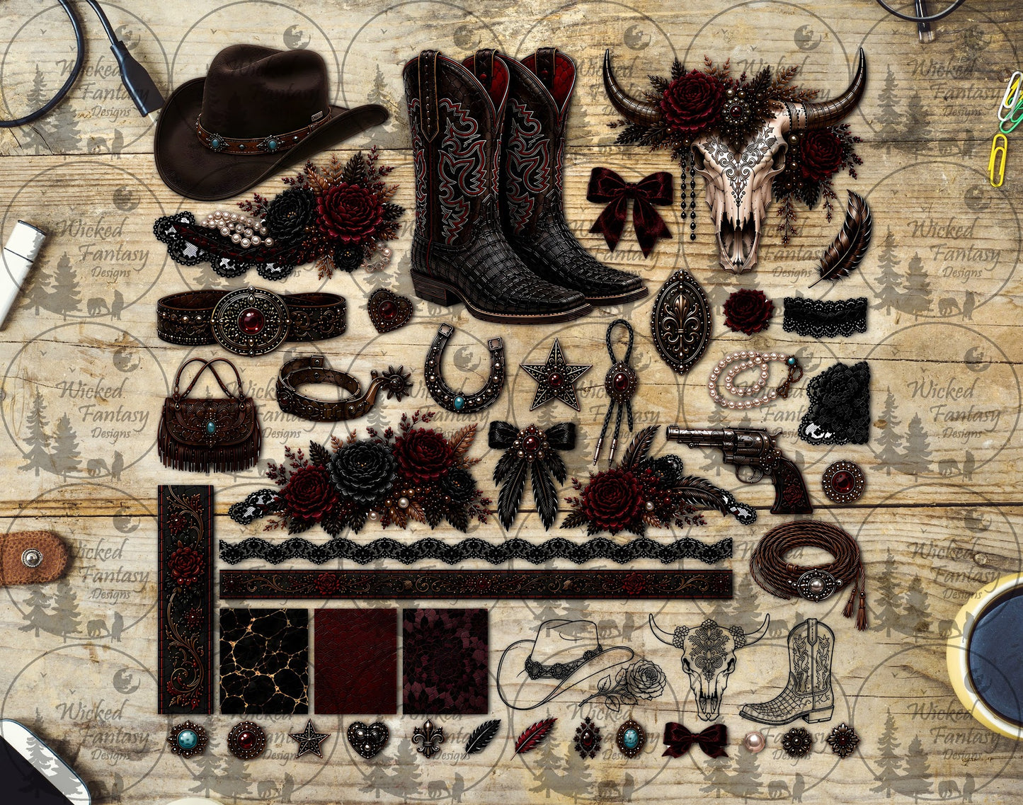 UVDTF Burgundy and Black Floral Cow Skull Multimedia Element Sheet