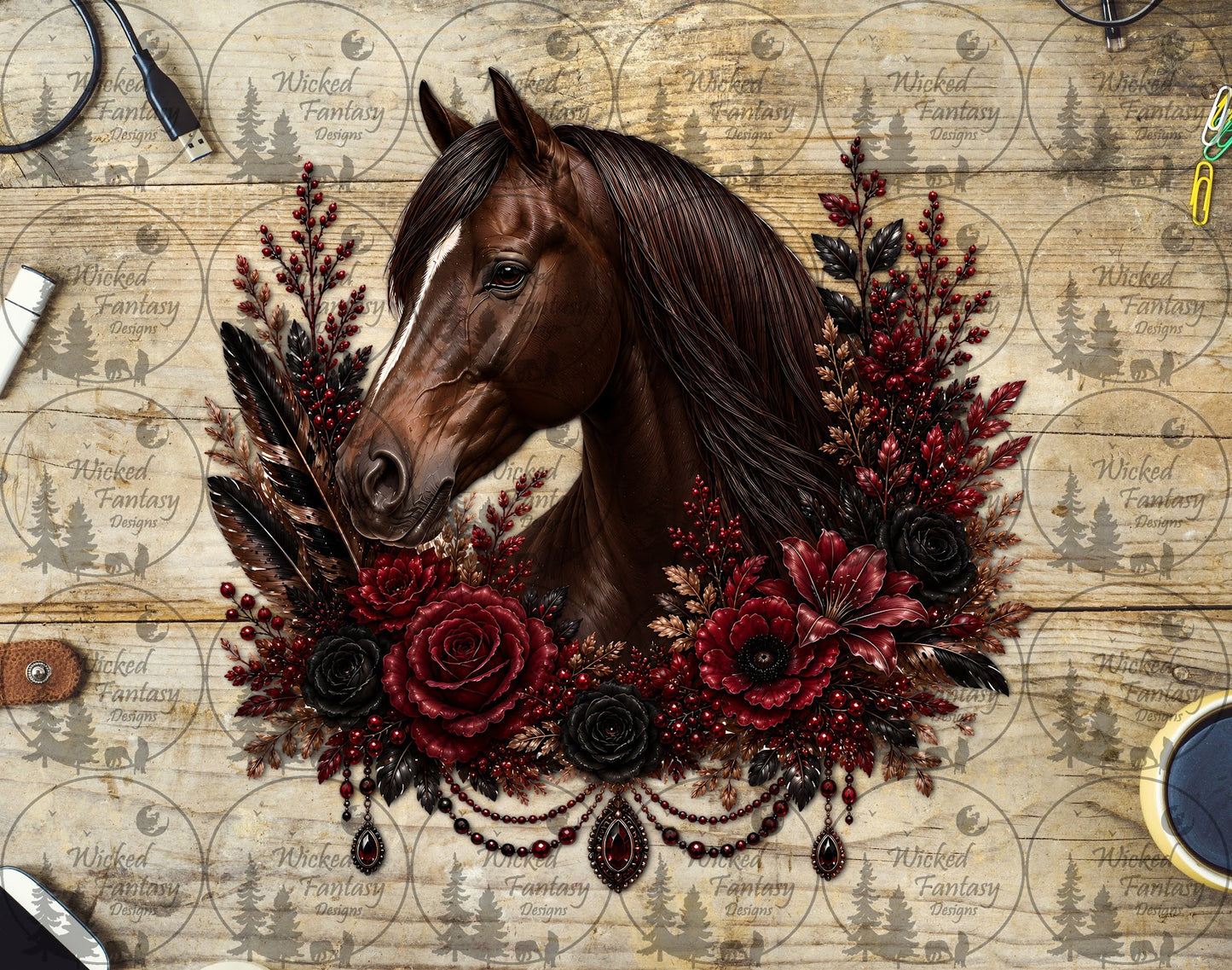 UVDTF Burgundy and Black Roses and Lilies Chestnut Horse