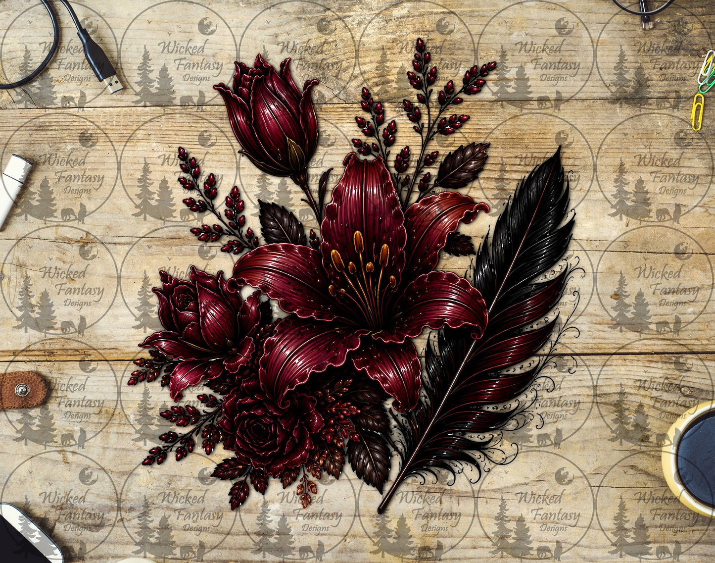 UVDTF Burgundy and Black Floral Arrangement