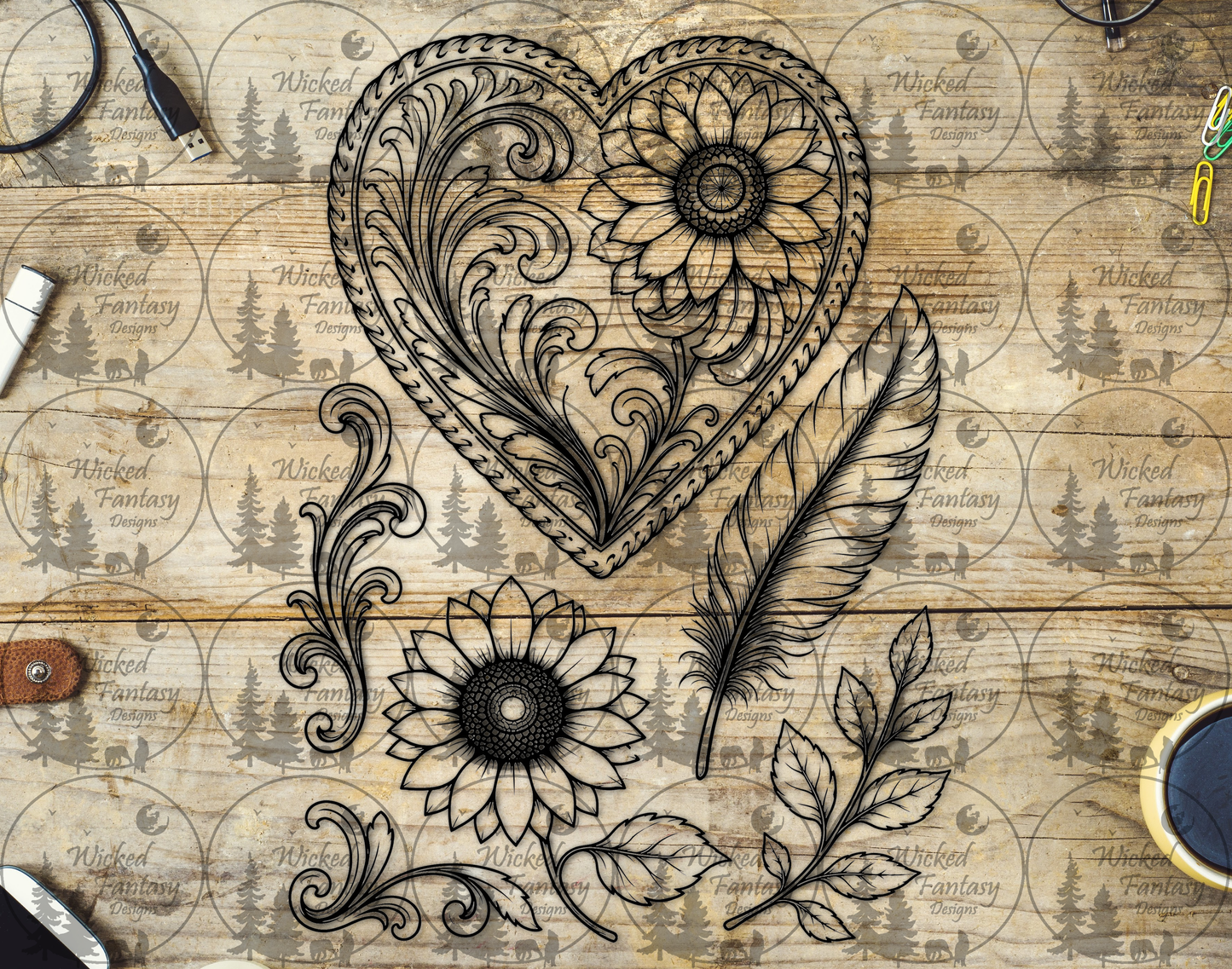 UVDTF Tooled Heart Sunflowers Line Art