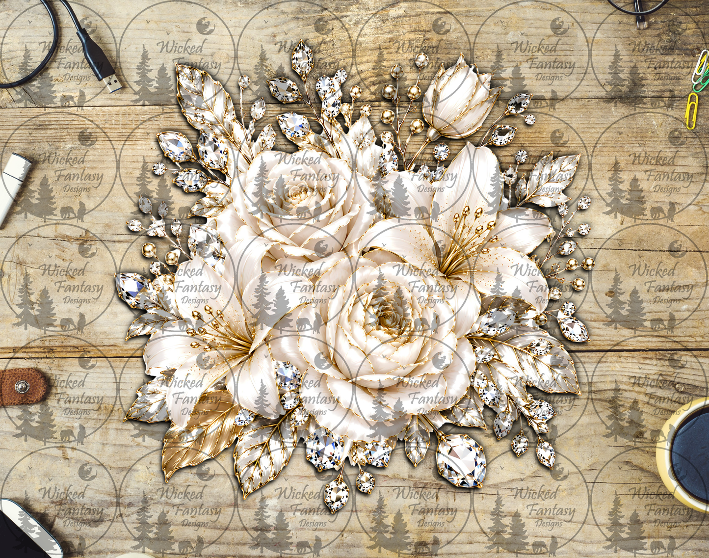 UVDTF Gold and Ivory Floral Arrangement