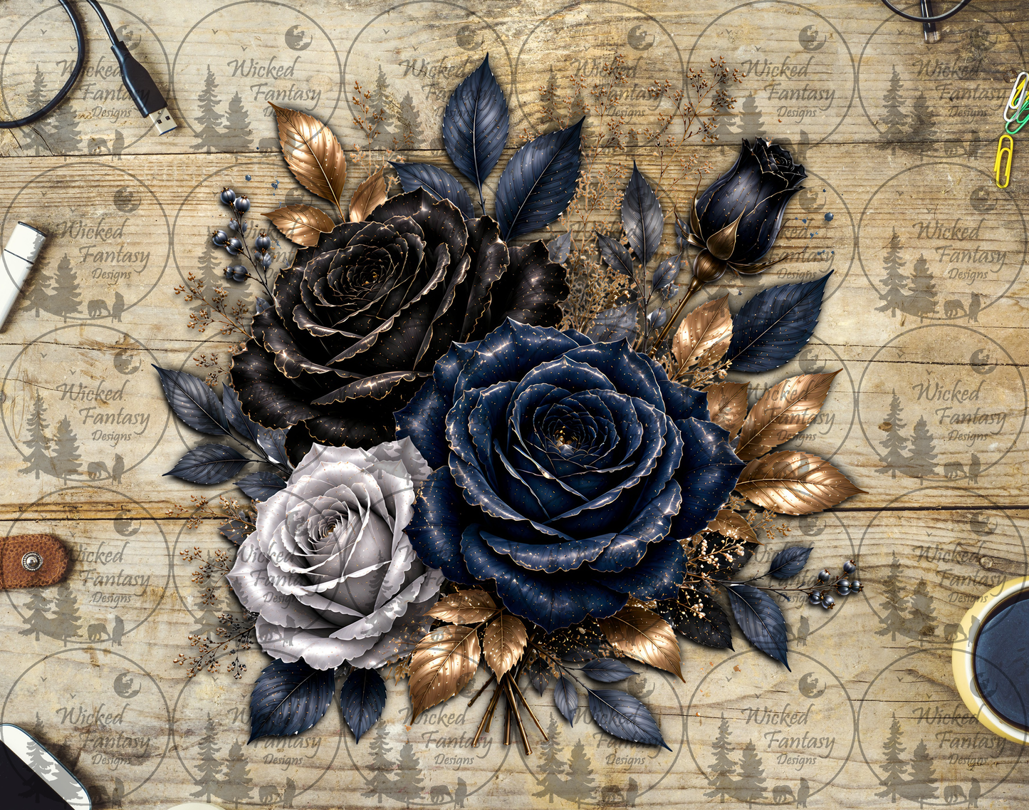 UVDTF Black Navy White Floral Arrangement