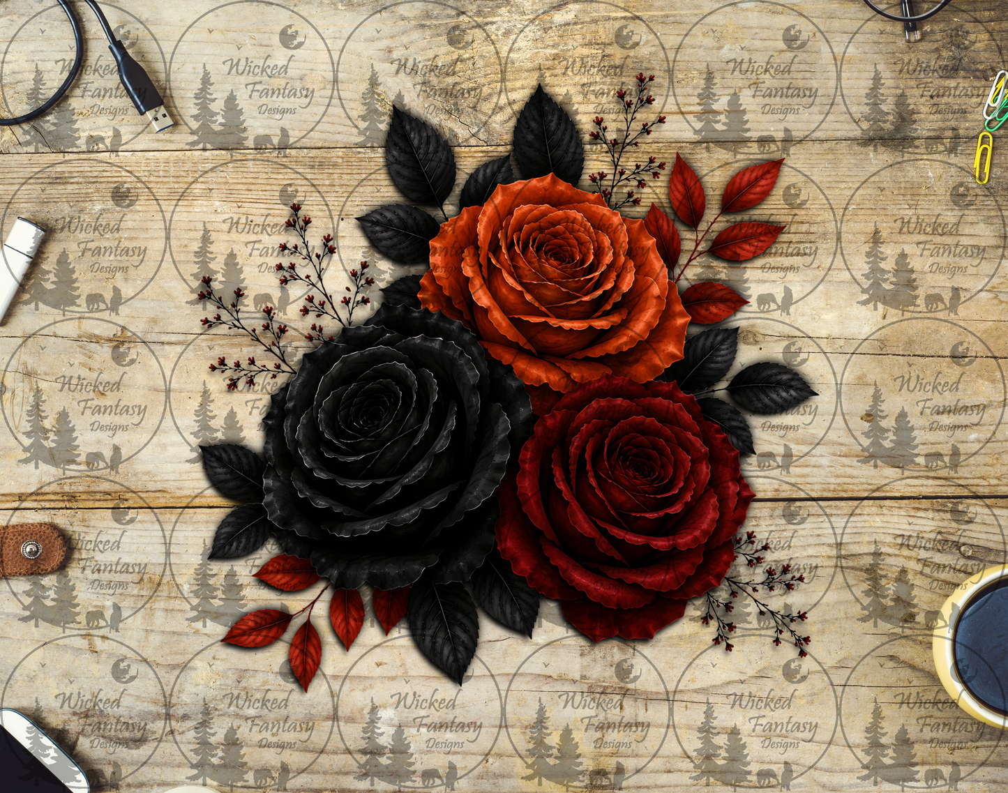UVDTF Black Red and Rust Floral Arrangement