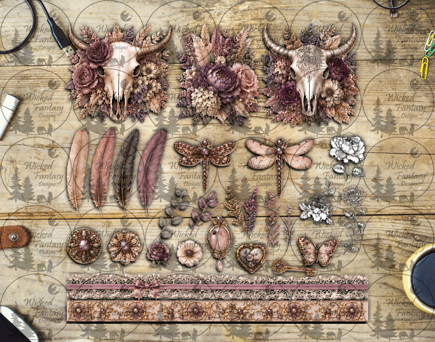 UVDTF Antique Mauve and Ivory Cow Skull Multimedia Element Sheet