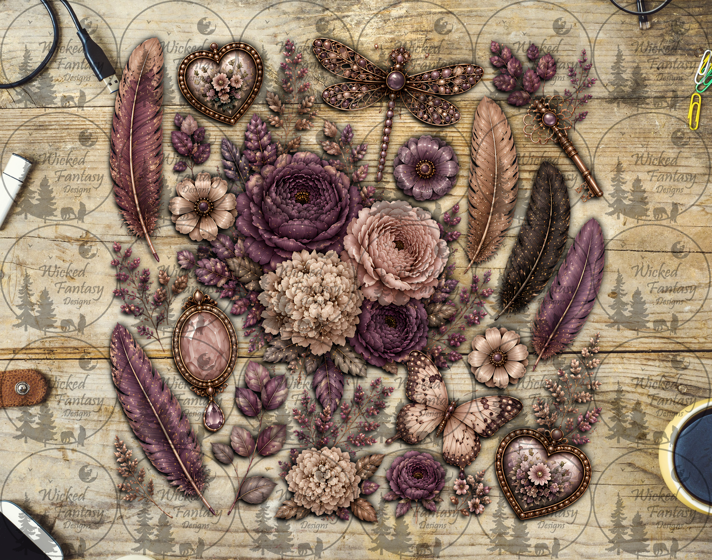 UVDTF Antique Mauve and Ivory Floral Arrangement Collage