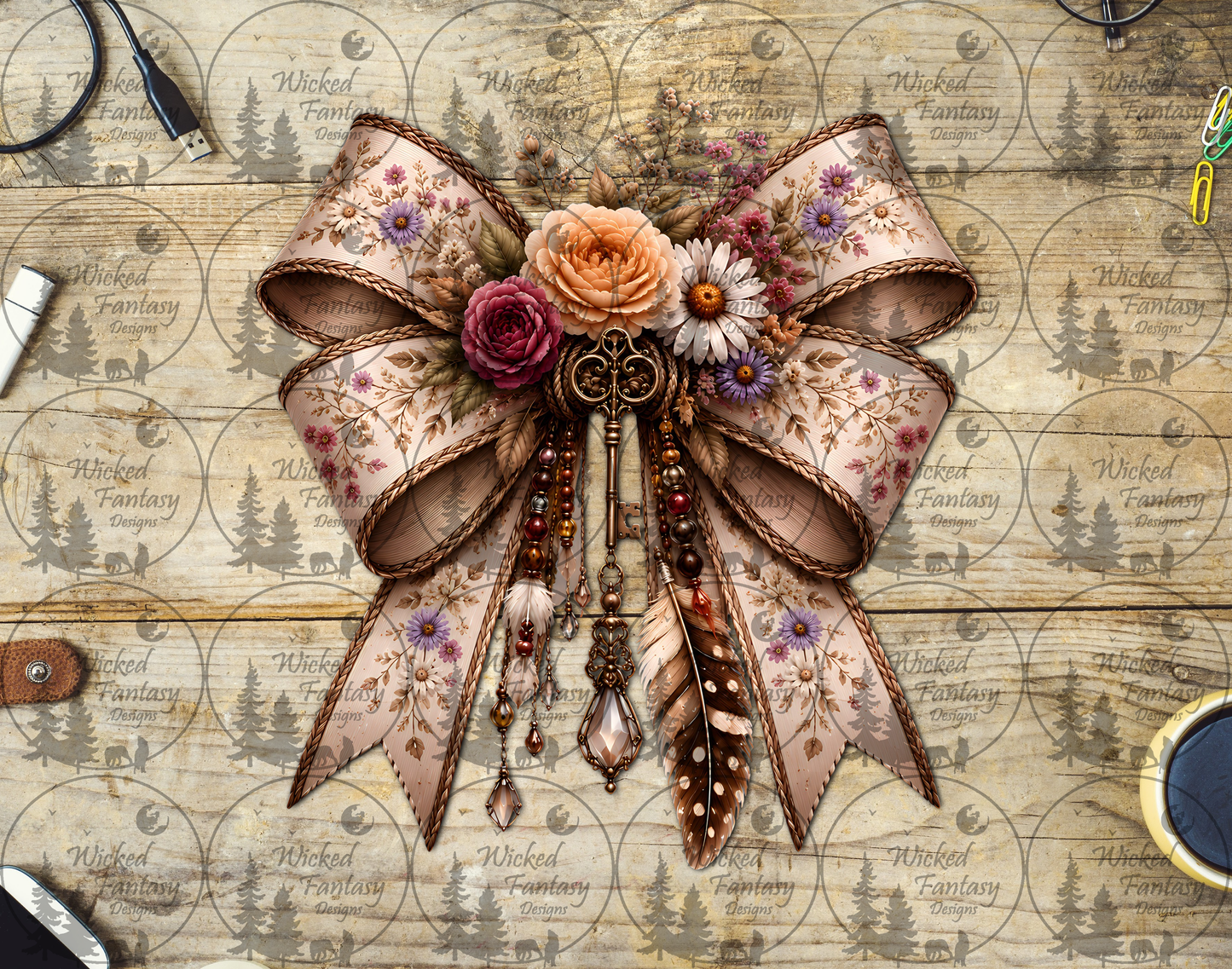 UVDTF Elegant Ivory Key and Feather Bow