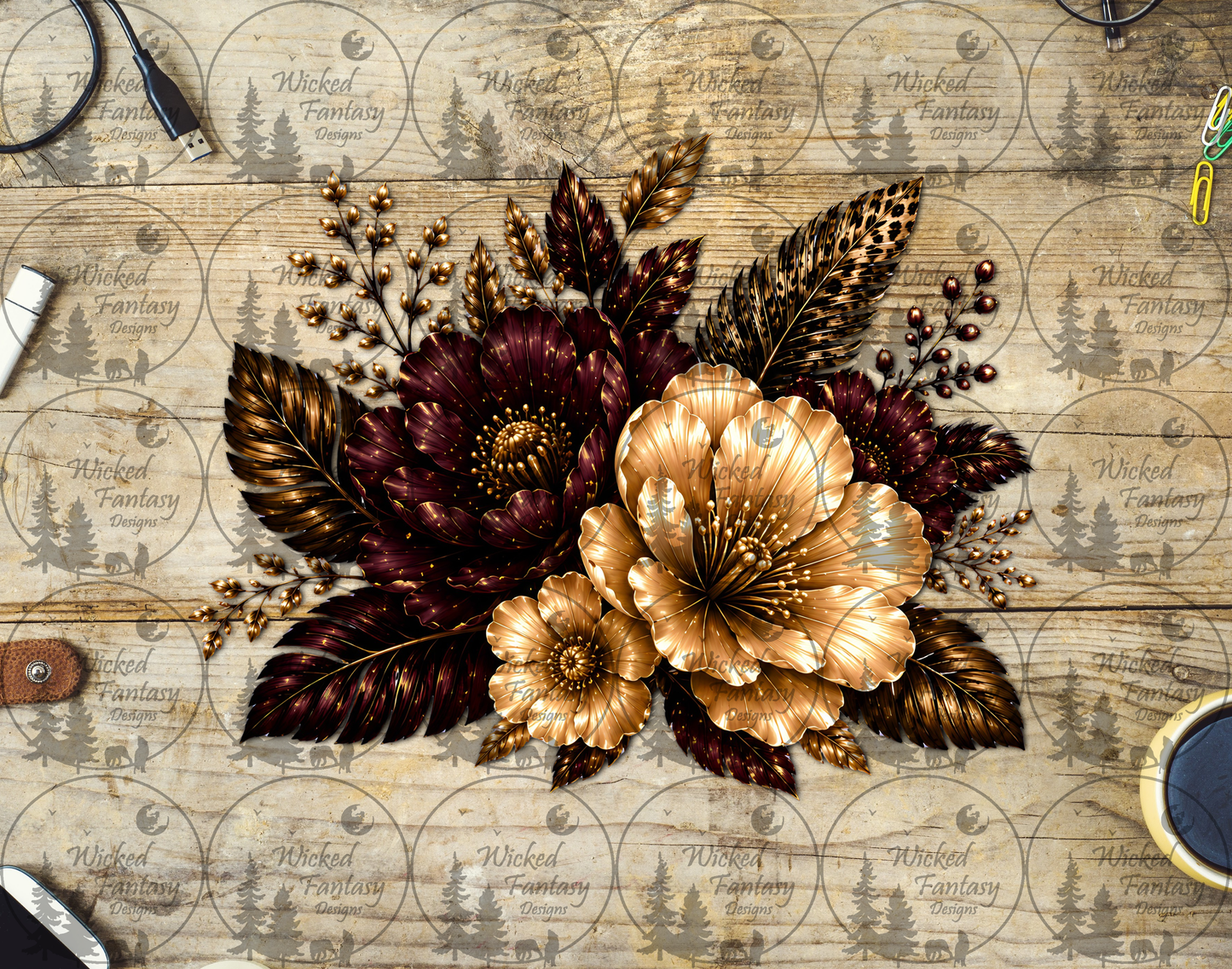UVDTF Burgundy and Gold Floral