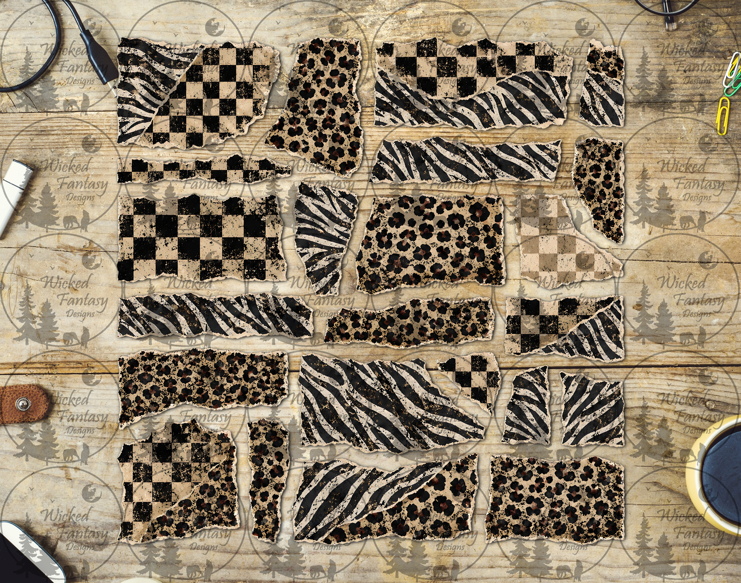 UVDTF Grunge Checkered Animal Print Ripped Pages Filler Element Sheet