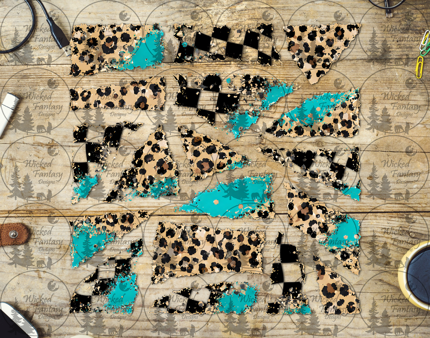 UVDTF Checkered Leopard and Aqua Ripped Pages Filler Element Sheet