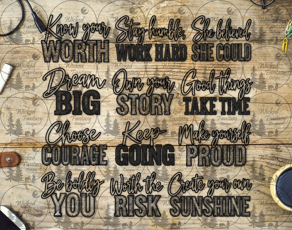UVDTF Faux Embroidery Line Art Inspirational Words Element Sheet