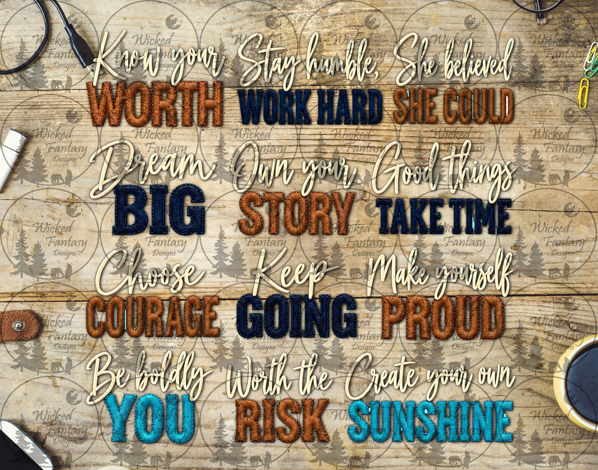 UVDTF Faux Embroidery Inspirational Words Element Sheet