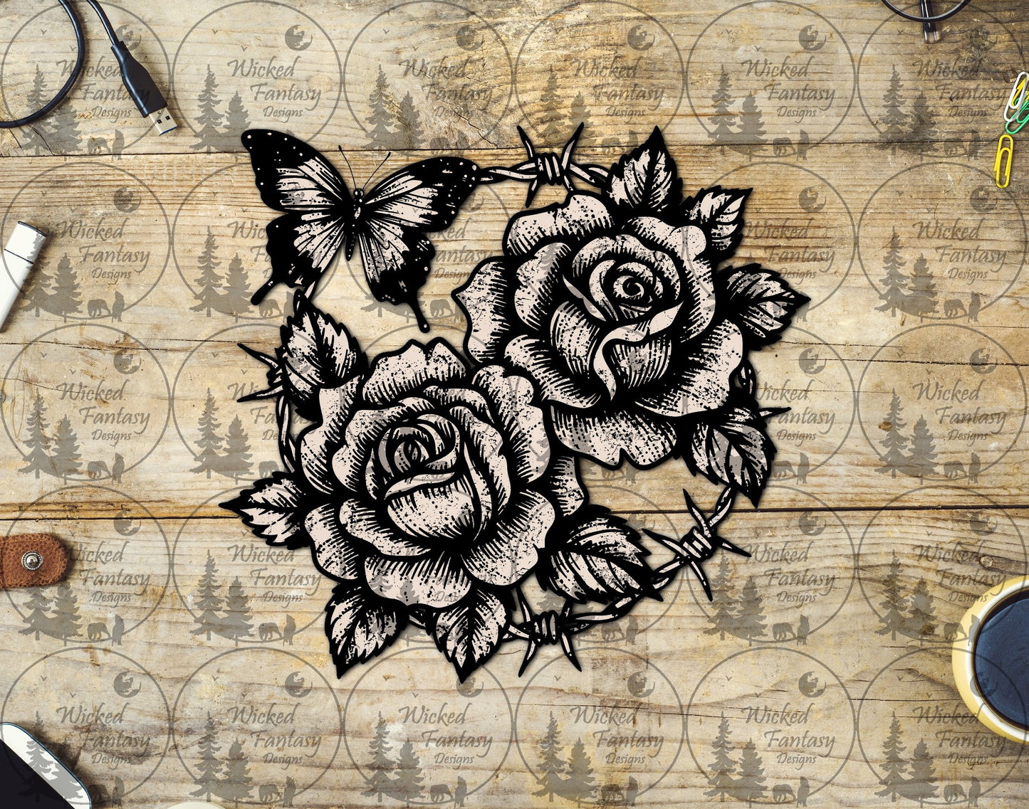 UVDTF Butterfly Barb Wire and Roses