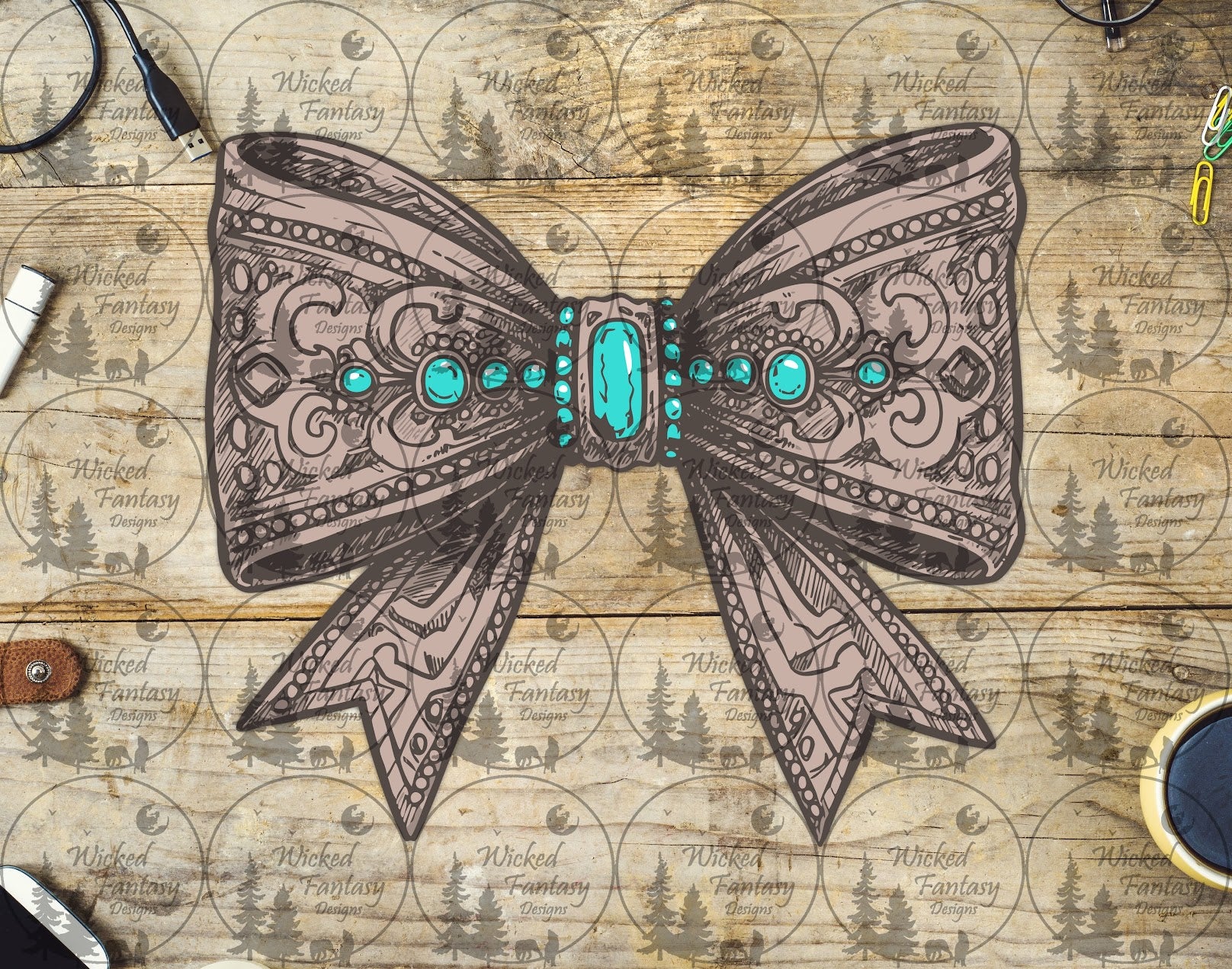 UVDTF Tooled Leather Bow with Turquoise – Wicked Fantasy Designs