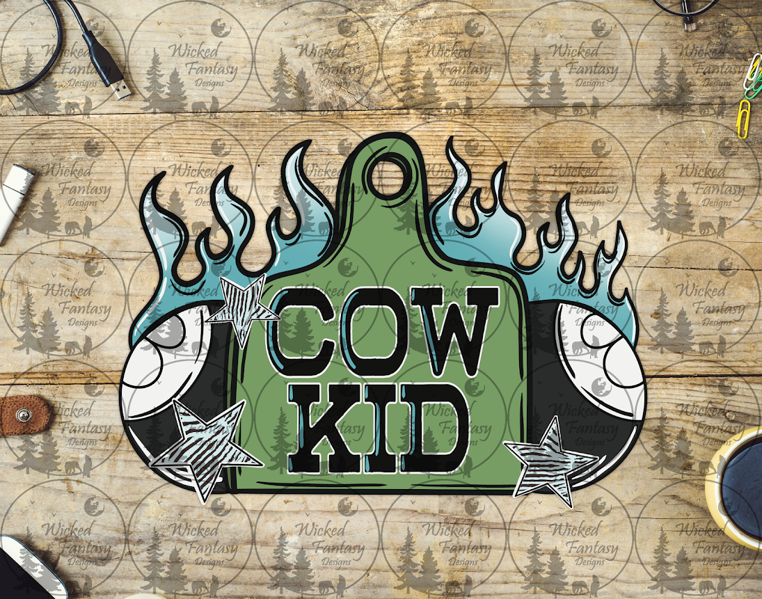UVDTF Cow Kid Ear Tag with Eight Balls and Flames