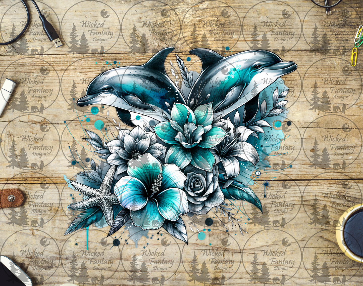 UVDTF Dolphins and Teal Hibiscus