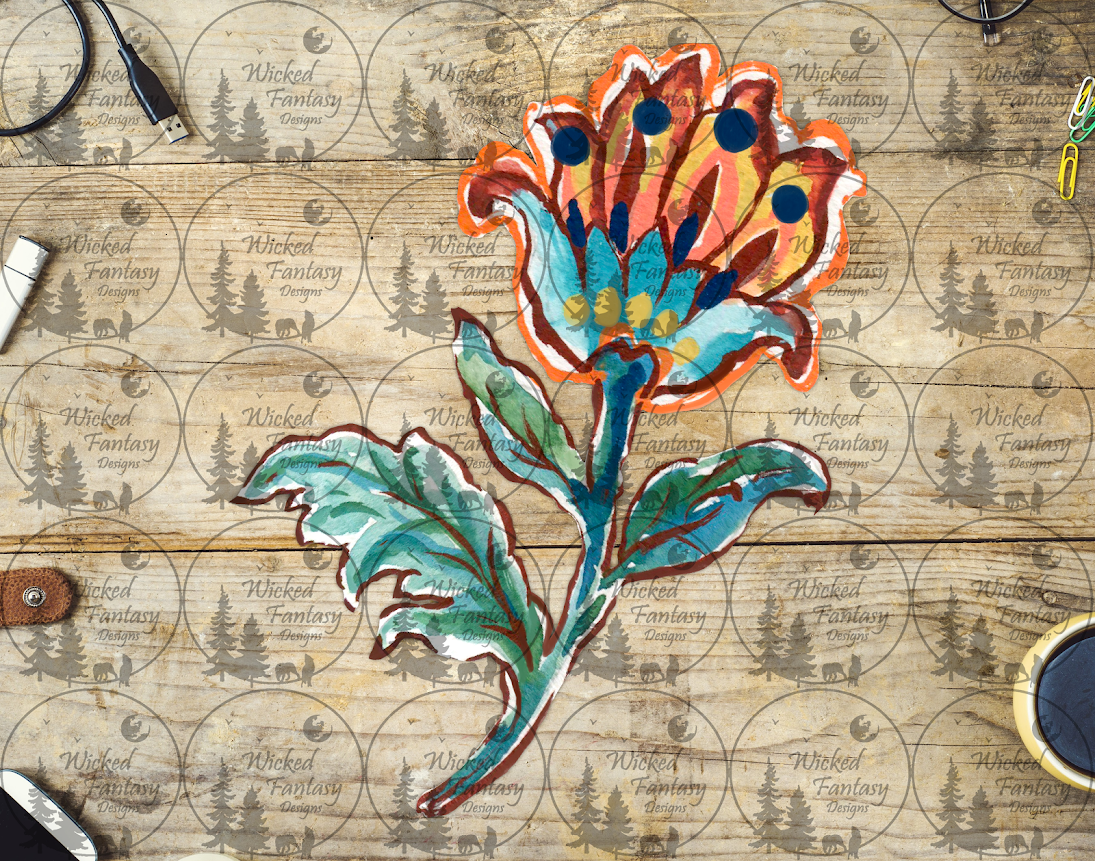 UVDTF Blue Orange and Yellow Folk Art Flower