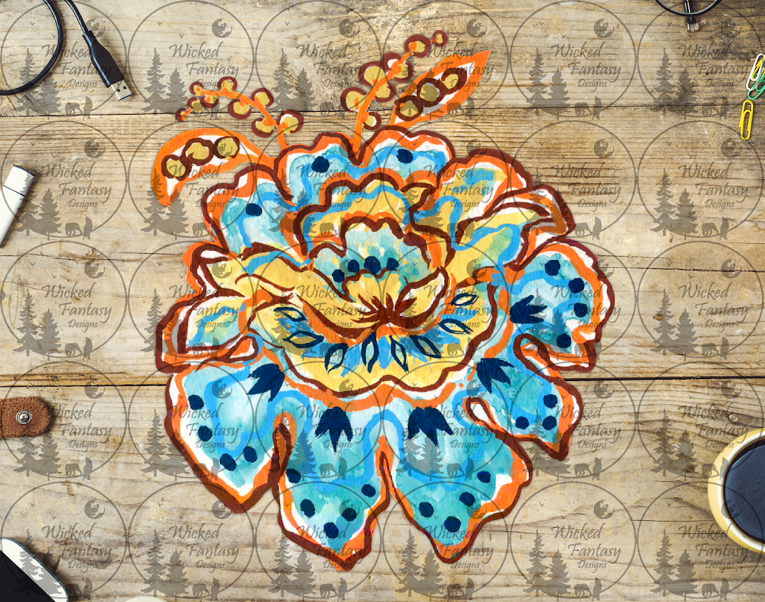 UVDTF Blue and Yellow Folk Art Flower