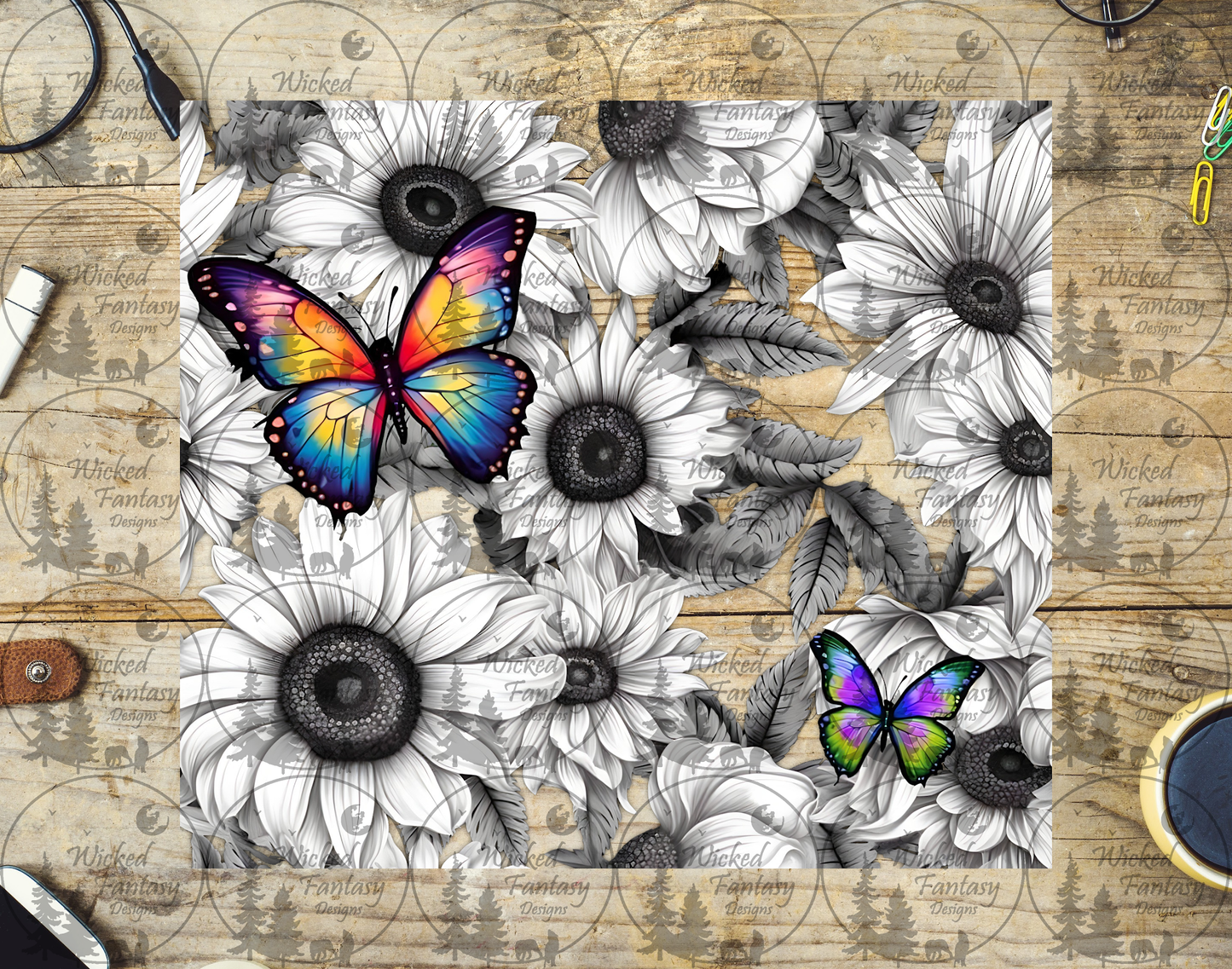 UVDTF Black and White Sunflowers Colorful Butterflies 20oz 30oz 10"x10"