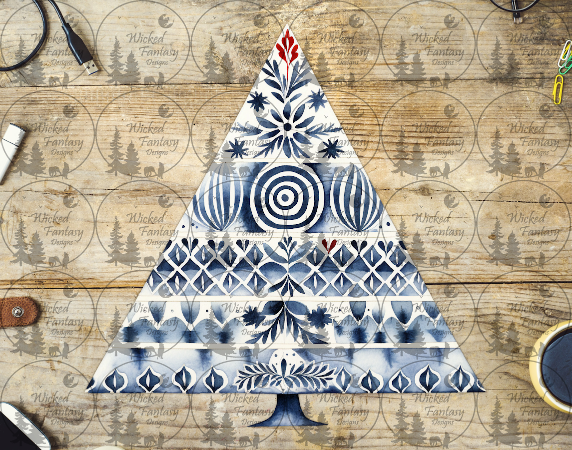 UVDTF White and Blue Christmas Tree Folk Art