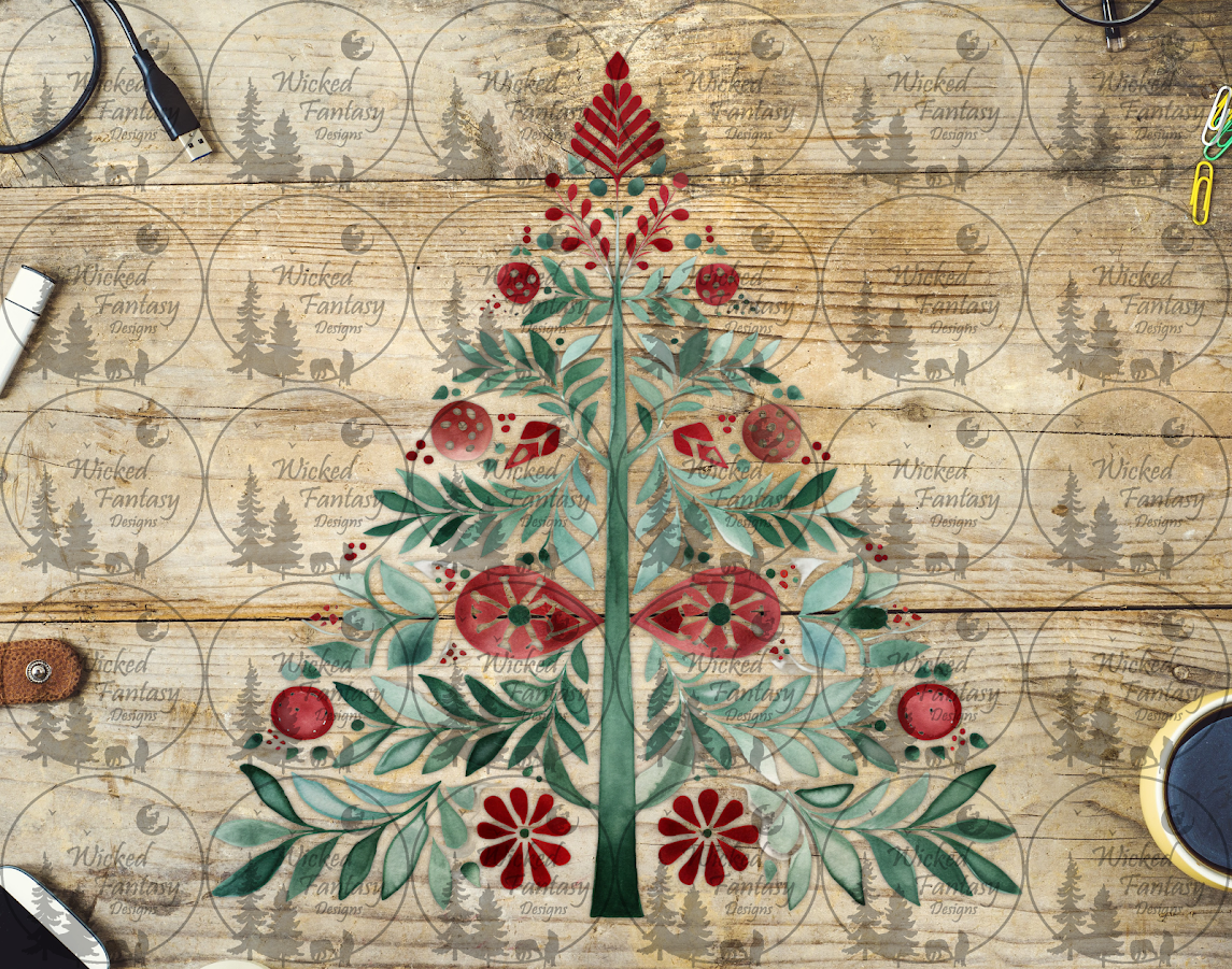 UVDTF Red and Green Christmas Tree Folk Art