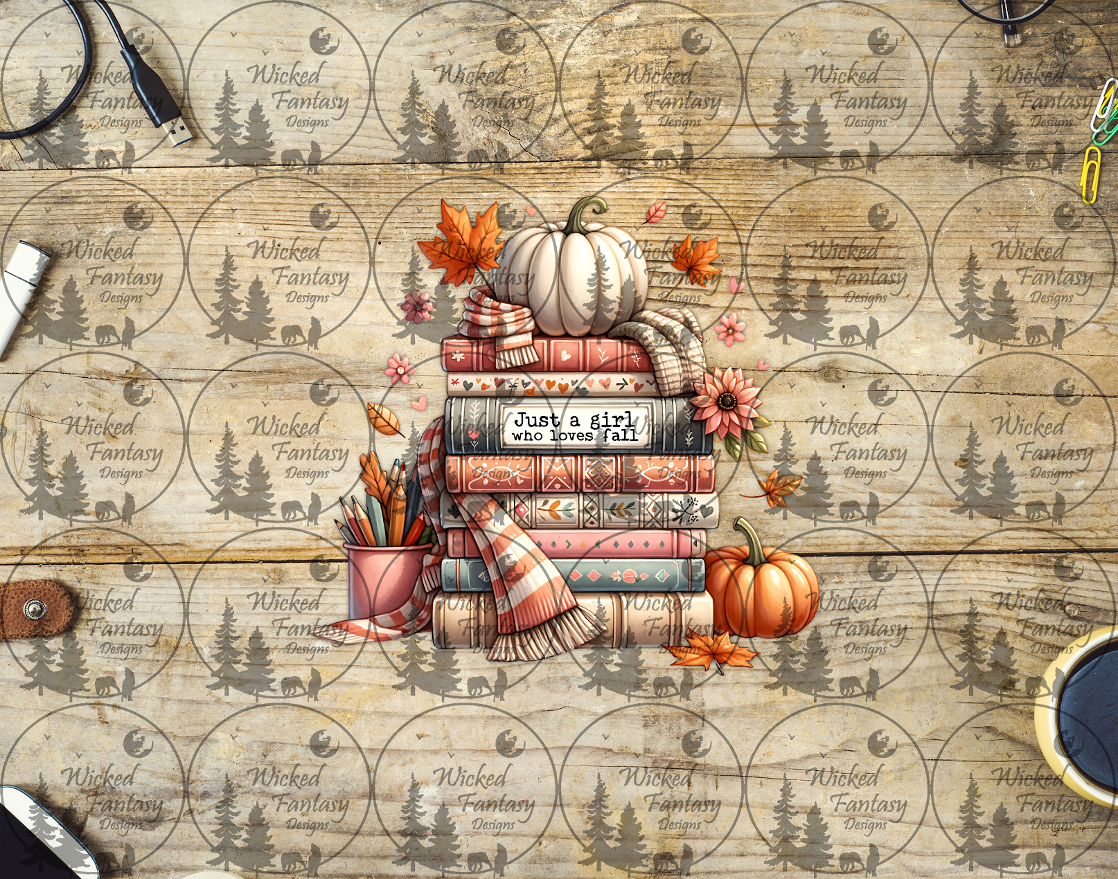 a decal showing a Stack of books with pumpkins and autumn leaves