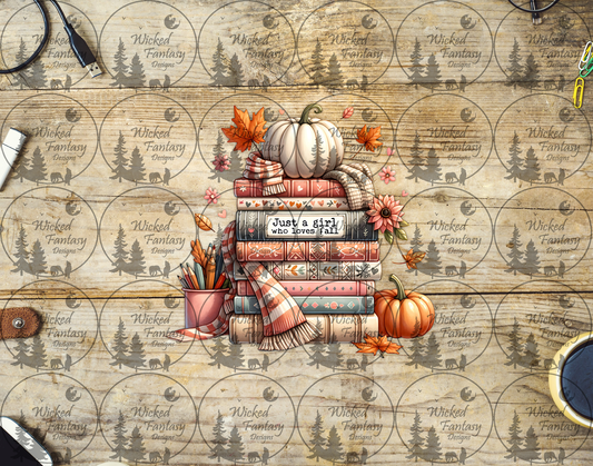 a decal showing a Stack of books with pumpkins and autumn leaves