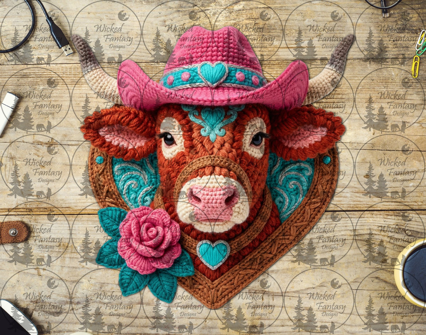 UVDTF Faux Crochet Cow with Hat