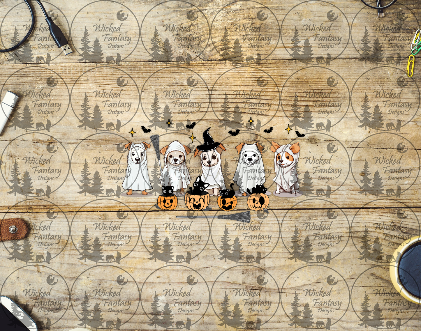 UVDTF Cute Ghost Puppies with Kittens in Jack o' Lanterns
