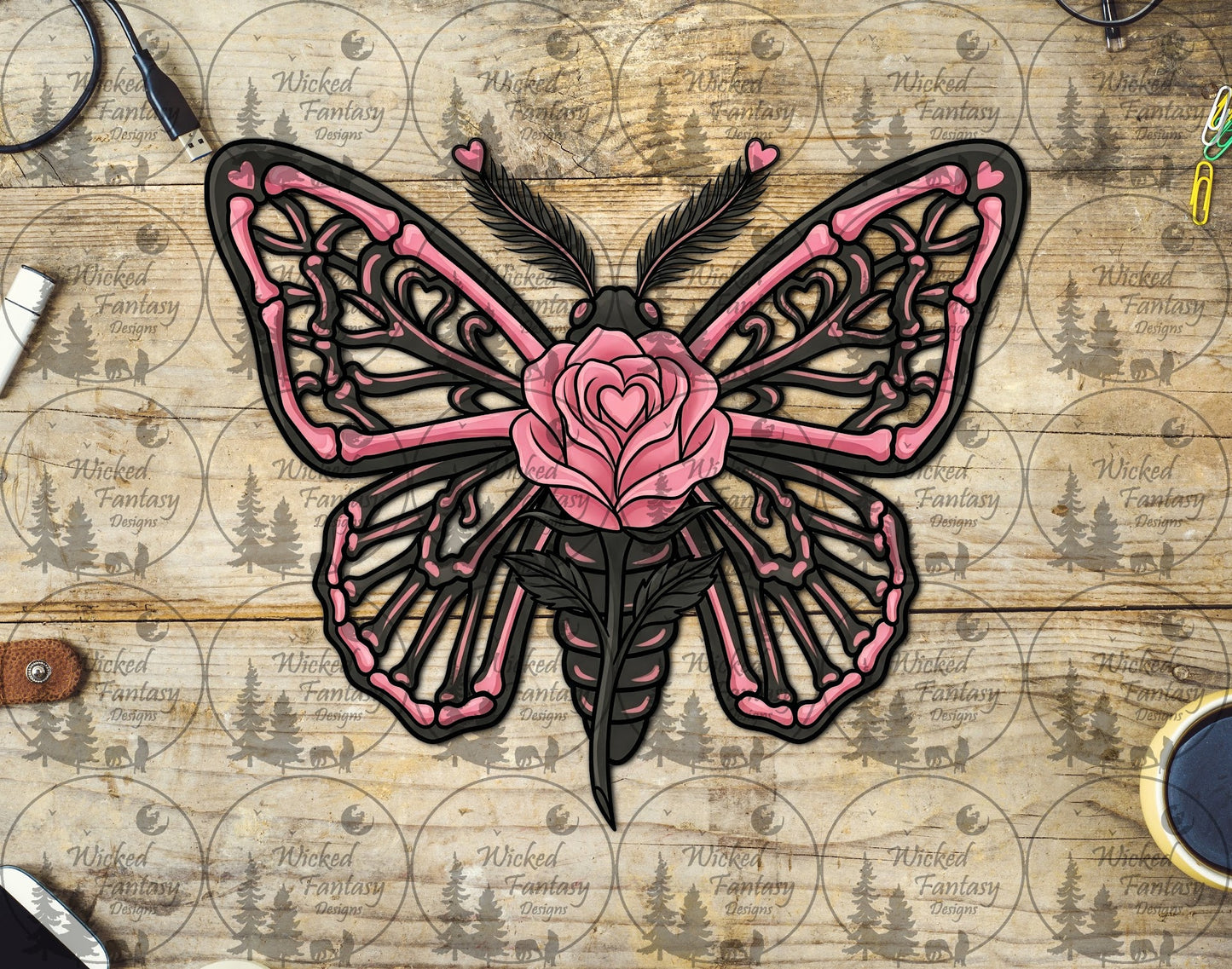 UVDTF Skele Moth with Pink Rose