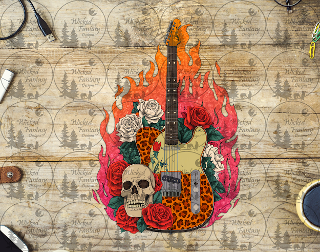 UVDTF Leopard Print Guitar and Flames