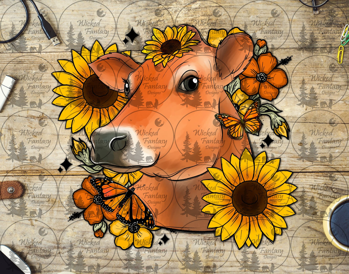 UVDTF Cow with Sunflowers and Butterflies