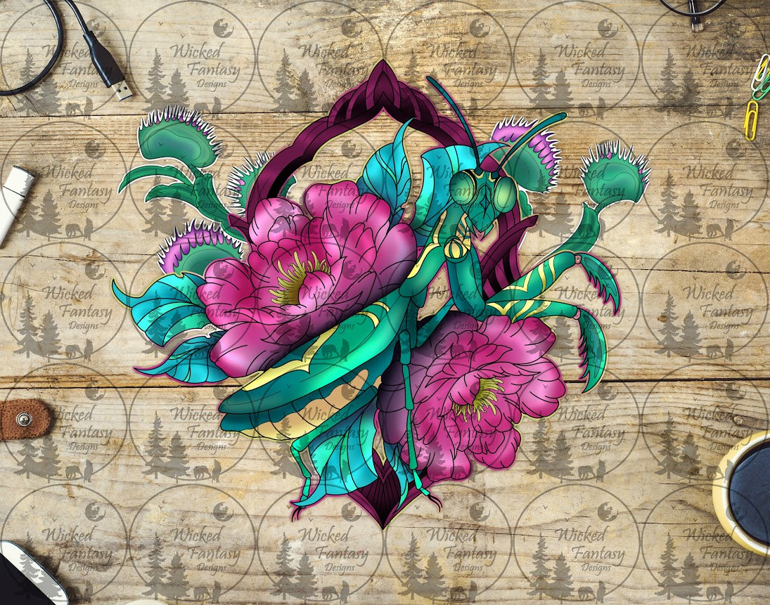 UVDTF Praying Mantis and Peonies