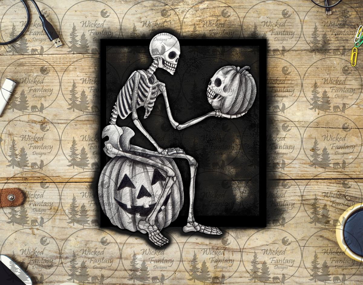 UVDTF Skeleton Sitting on Jack O Lantern