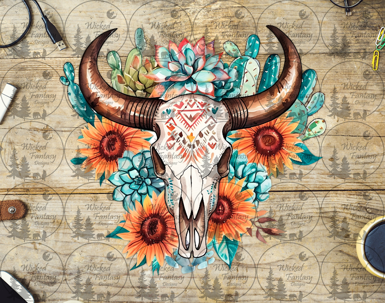 UVDTF Cow Skull with Succulents and Sunflowers